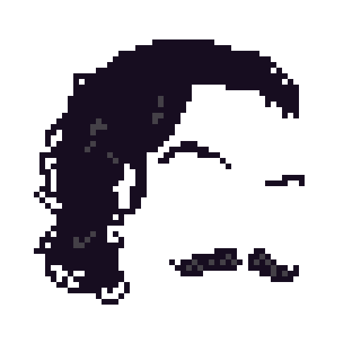 Pixel-stylised curly hair to one side and mustache